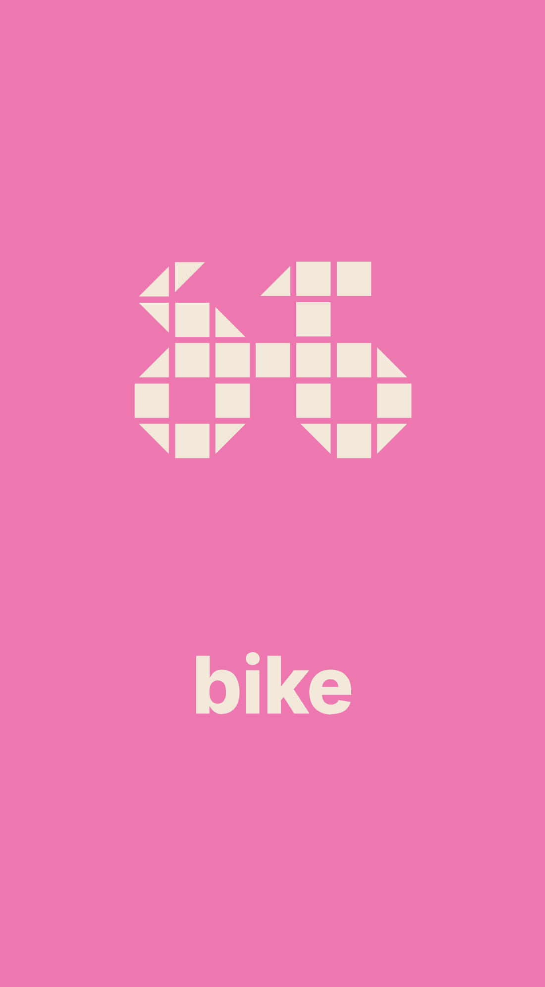 Graphic design featuring a bicycle illustration made up of square shapes on a pink background, with the word 'bike' below.