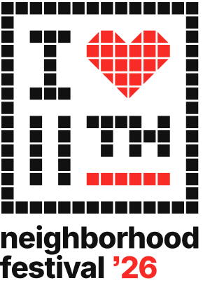 Graphic logo for a neighborhood festival featuring the text 'I ❤️ ITM' and 'neighborhood festival '26' in stylized font.